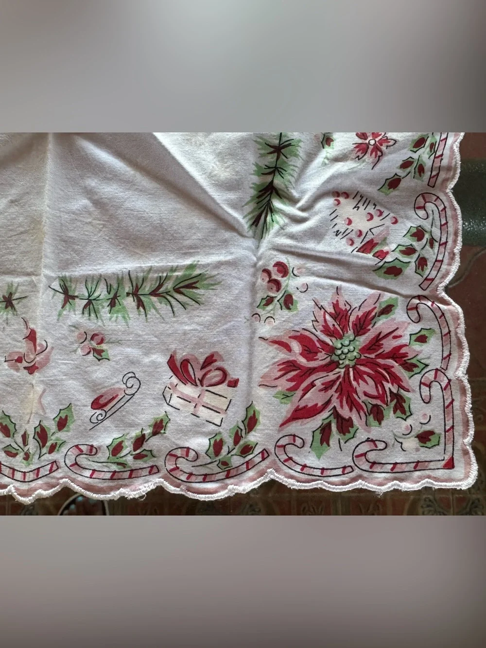 Vintage MidCentury Holiday poinsettia Hankie And 1980 Stencil Fabric Panel Nice